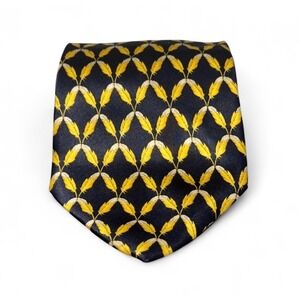 Valentino Drop Men's Silk‎ Tie Navy Blue Yellow Feather Pattern Made in Italy